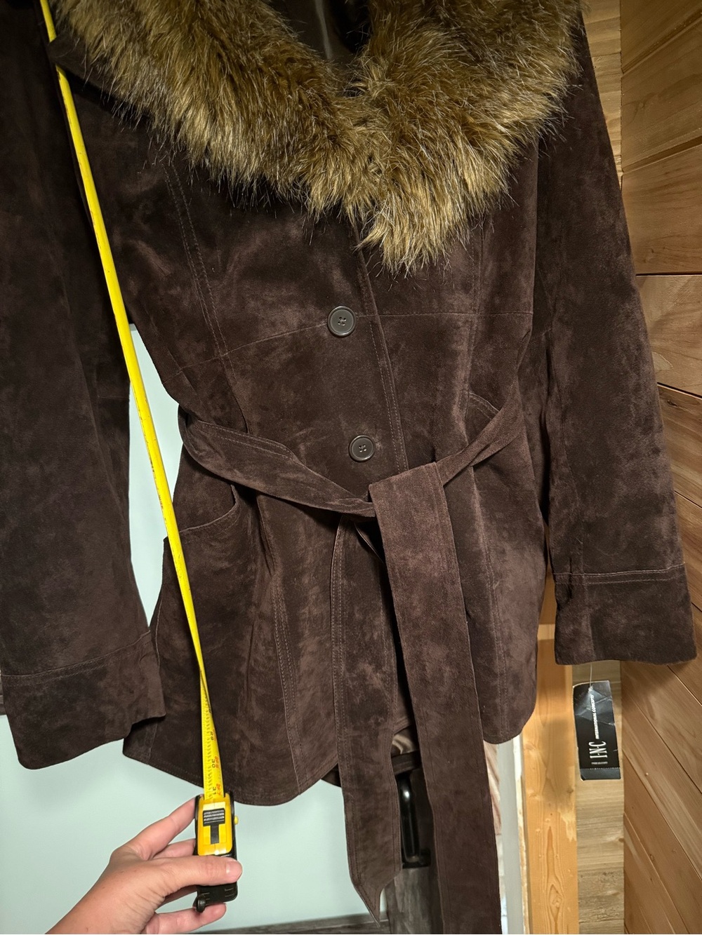INC International Concepts Dark Brown Trench Coat with Faux-Fur Collar - Picture 5 of 6